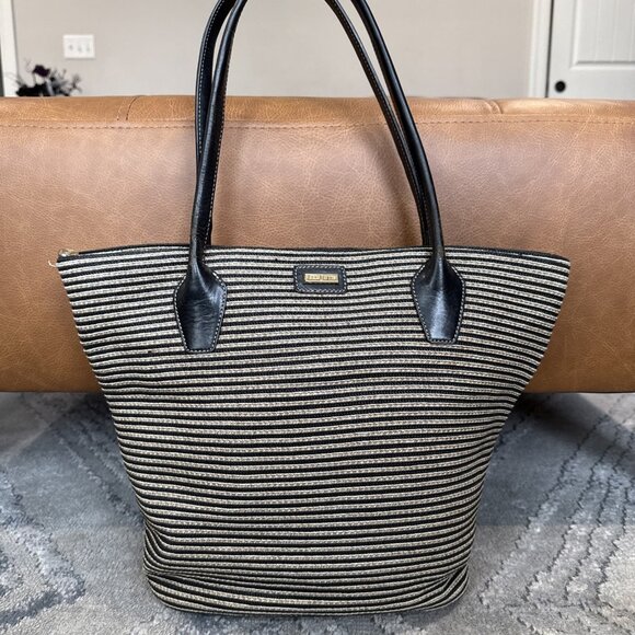 Eric Javits Stripe Black & Beige Straw Leather Tote Handbag - Picture 1 of 12